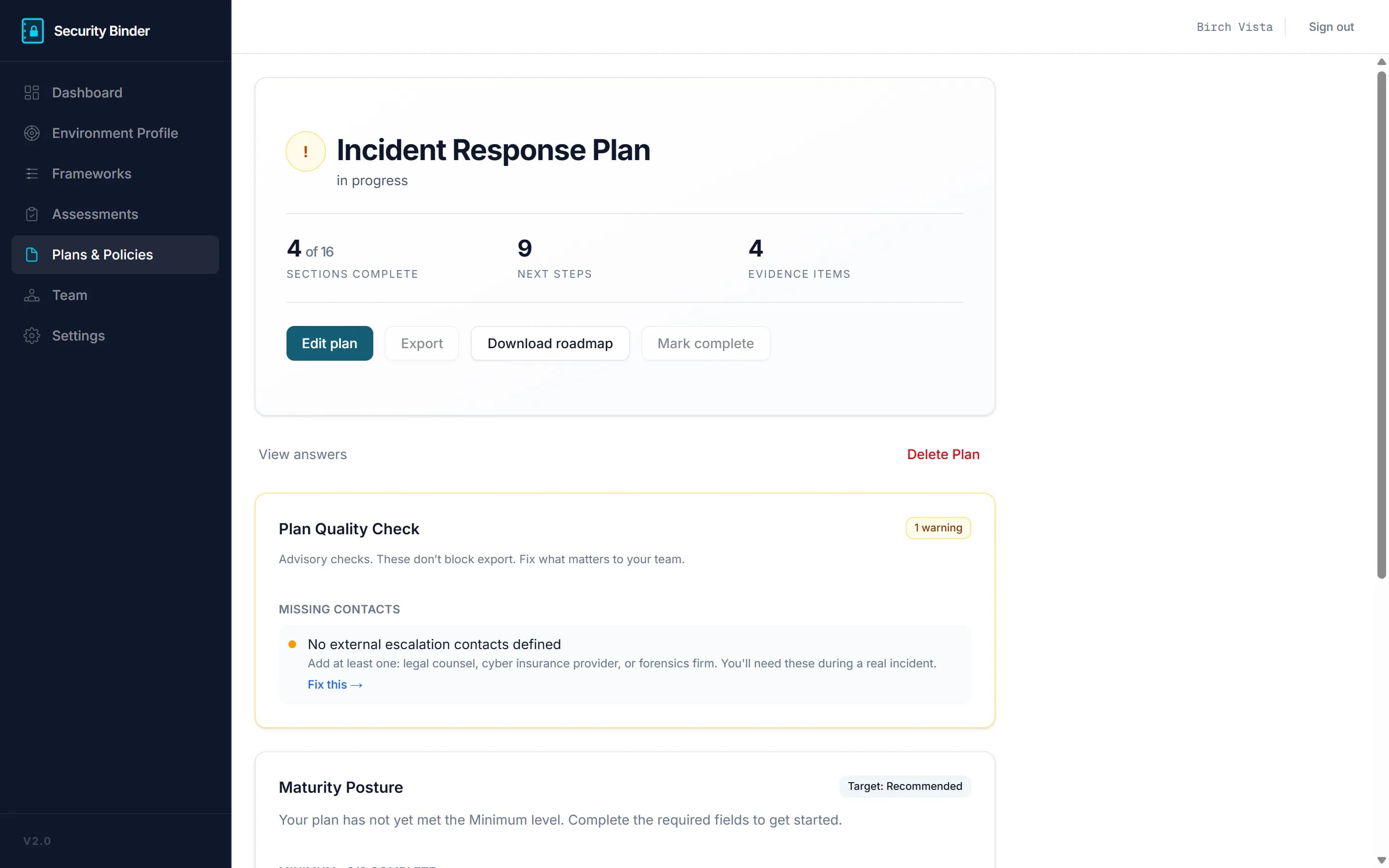 A plan review showing a quality check that flags a missing detail, alongside a maturity posture summary across required and recommended controls