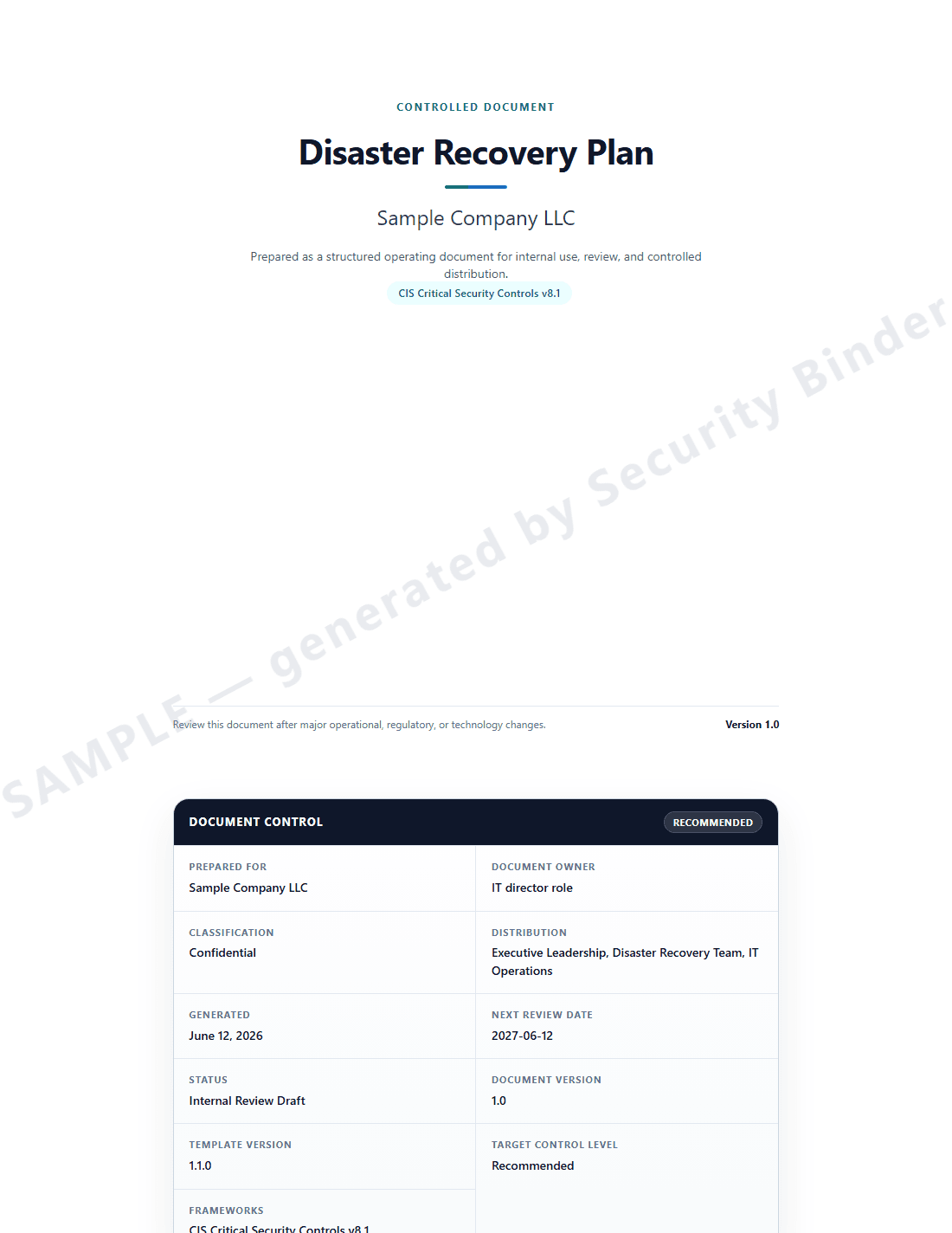 First page of the sample Disaster Recovery Plan with a SAMPLE watermark