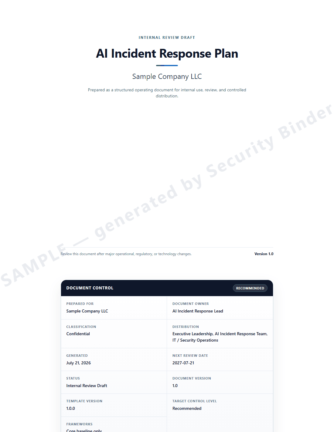 First page of the sample AI Incident Response Plan with a SAMPLE watermark
