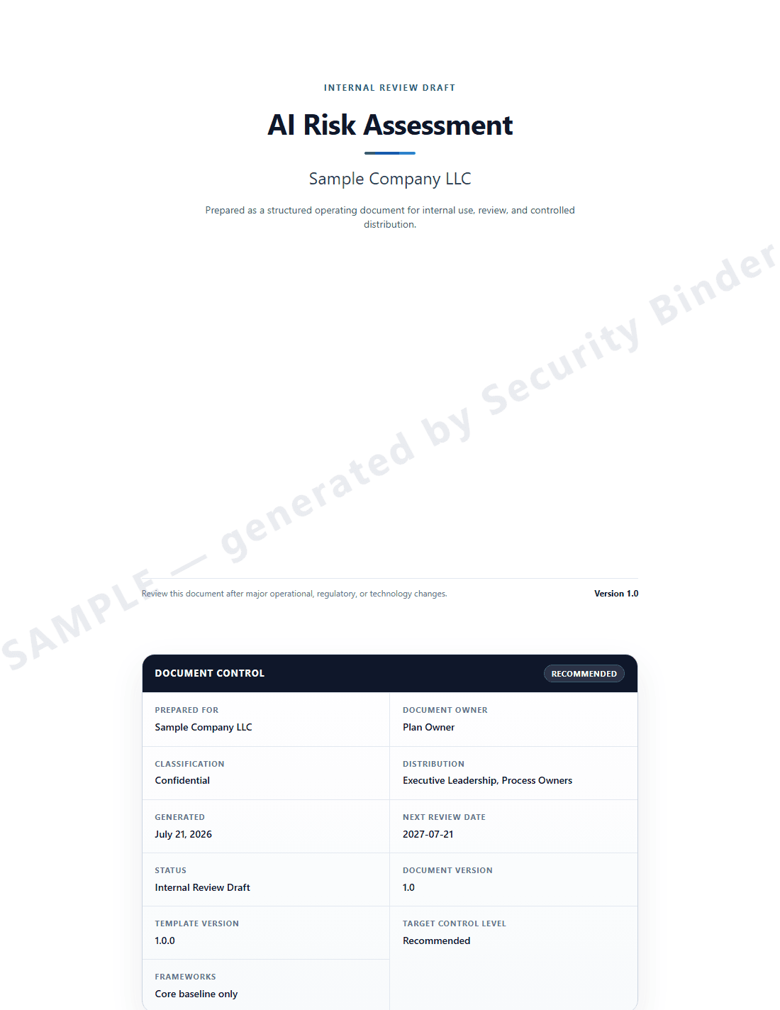 First page of the sample AI Risk Assessment with a SAMPLE watermark